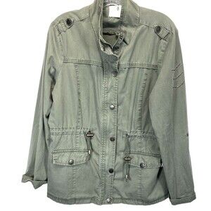 Jade & Ivory Military Style Jacket L Coat Full Zip Snap Roll Tab Sleeves Studded